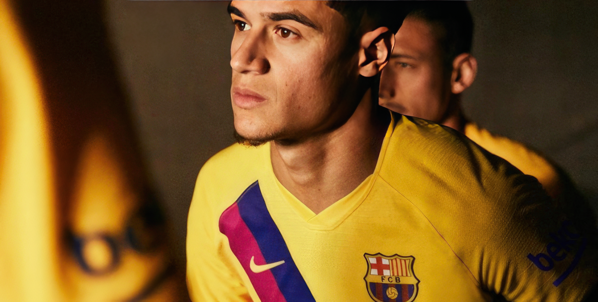 The shirt features the same golden yellow colorway and diagonal blaugrana strip as the iconic 1979 kit — the year Johan Cruyff established the academy.